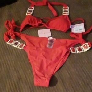 Red Bikini with Embellished Straps